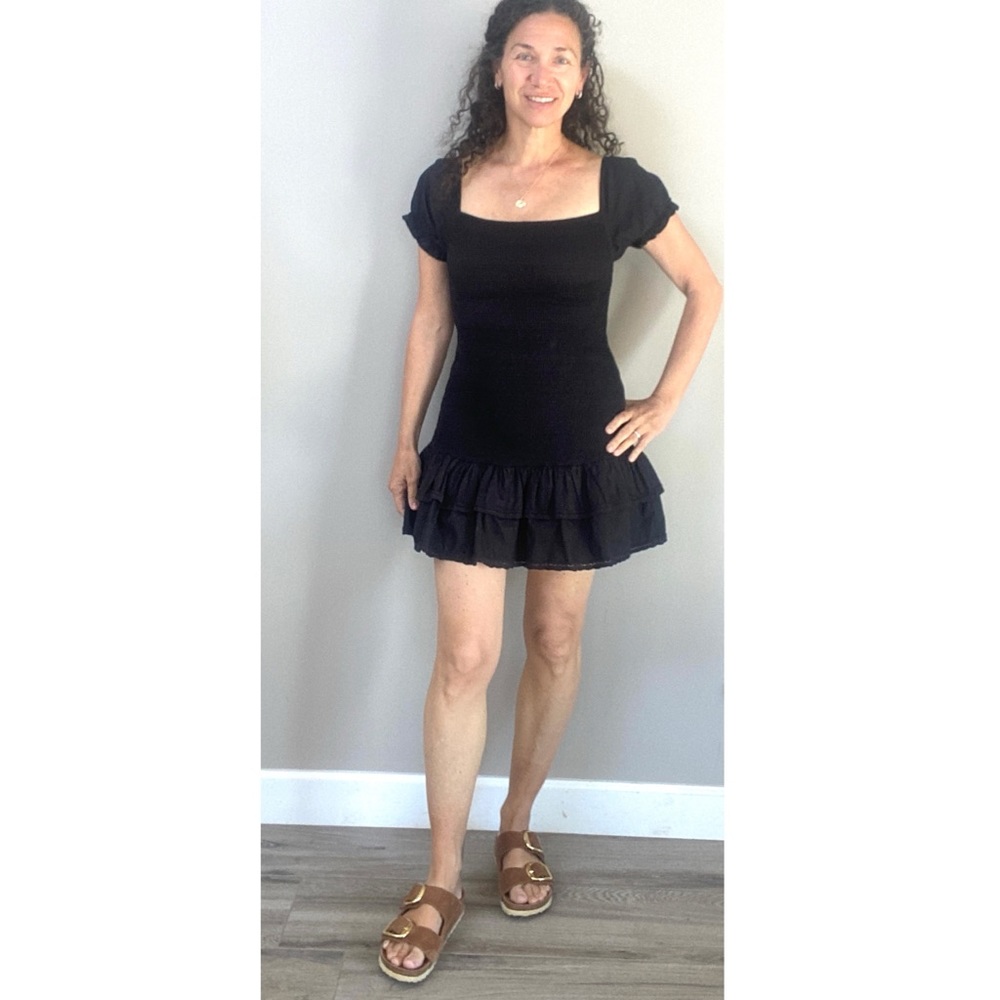 Maia Bergman Ada Smocked Black Puff Sleeve Drop Waist Mini Dress Size Small